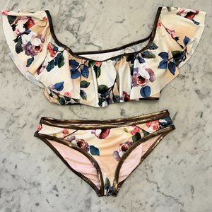 Gianni Bini Pink Floral Bronze Trim Flounce Top (L) and Bikini Bottom (M)